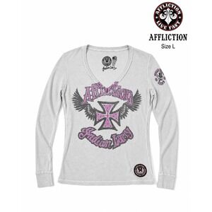 Affliction Indian Larry Thermal Top Womens L Gray Pink Rhinestone Y2K Biker